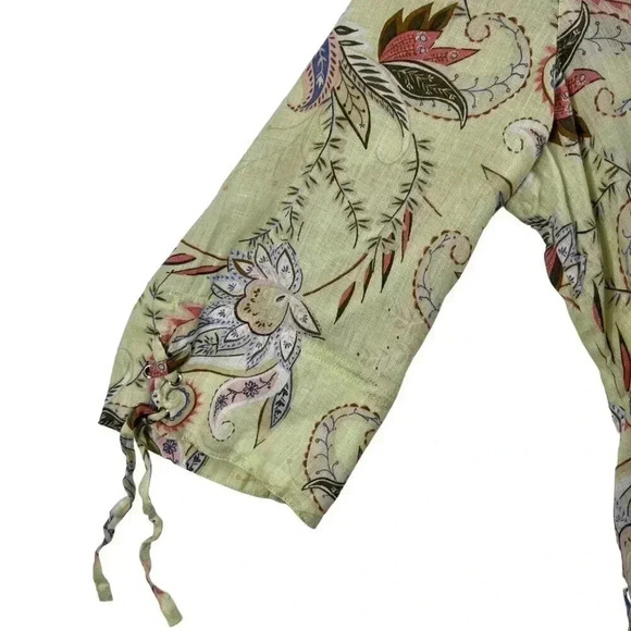 J Jill Love Linen Blouse Yellow Paisley Pattern Split Neck 3/4 Sleeve Size med - Picture 12 of 14